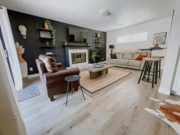 Open-plan living and kitchen space at San Diego Trail Company's Airbnb ranch in Poway, CA