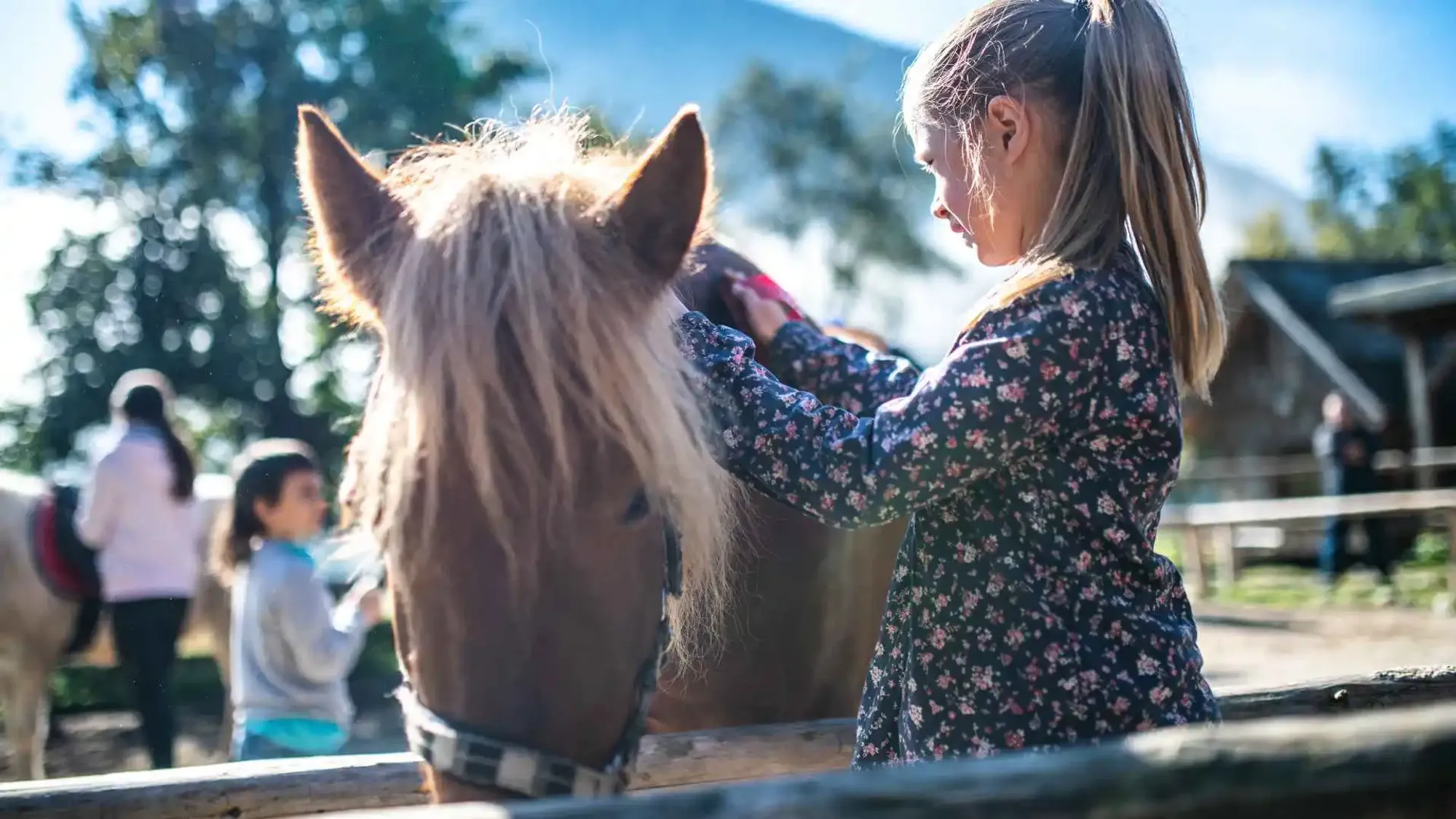 Children celebrating a birthday party with ponies at the ranch
